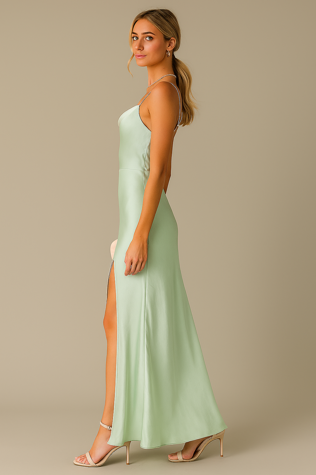 Robe en satin fluide avec fente et dos ouvert