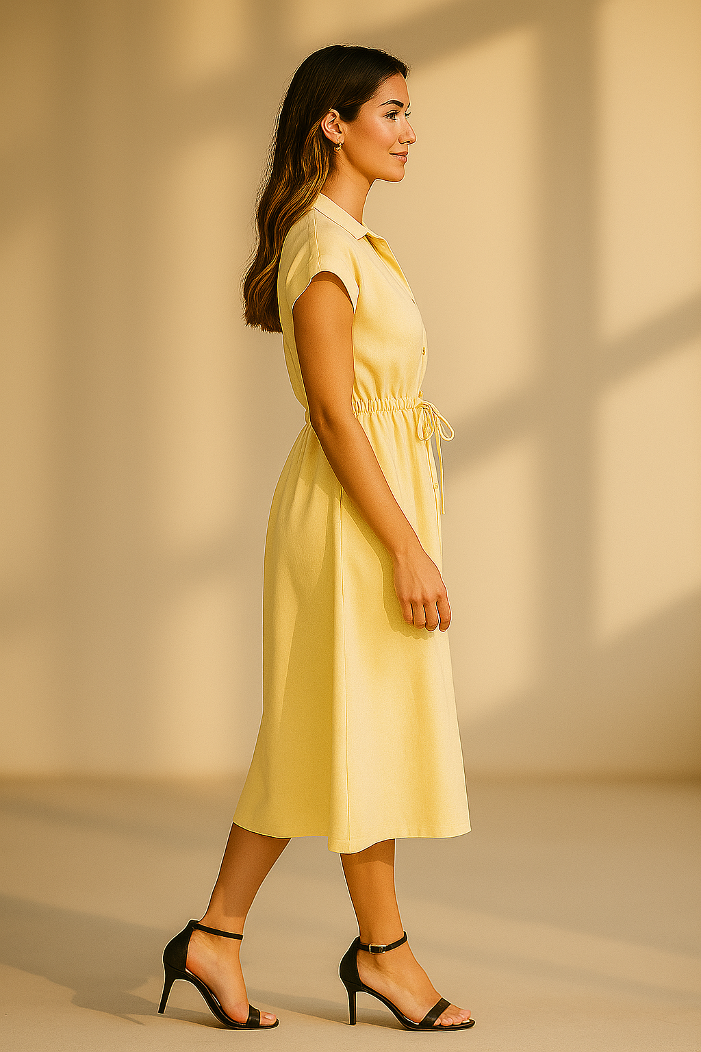 Robe chemise en coton jaune avec ceinture