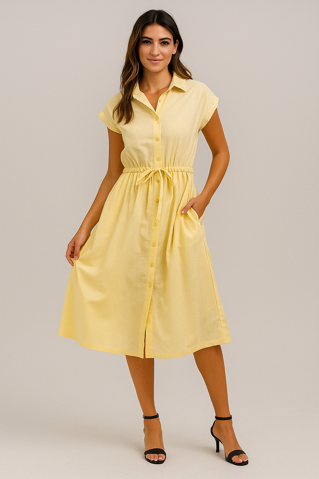 Robe chemise en coton jaune avec ceinture