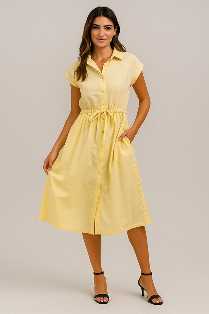 Robe chemise en coton jaune avec ceinture
