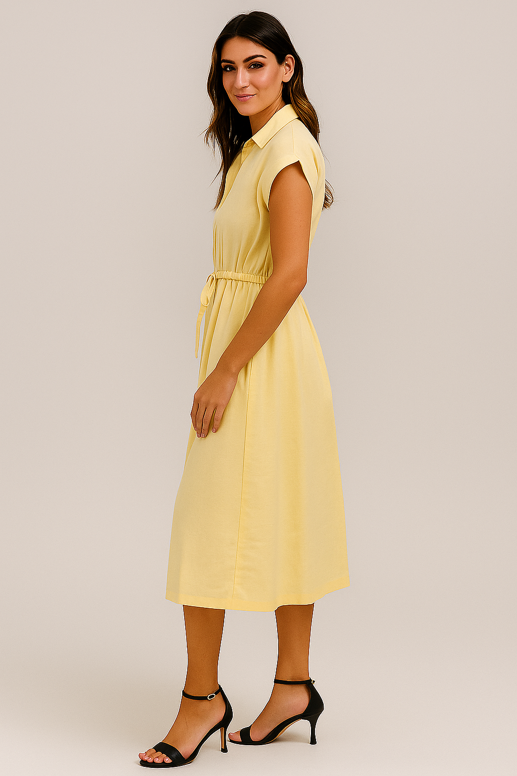 Robe chemise en coton jaune avec ceinture