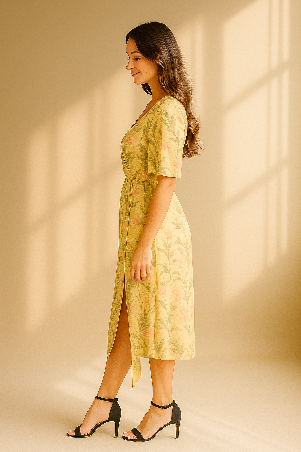 Robe midi jaune à imprimé floral avec ourlet asymétrique